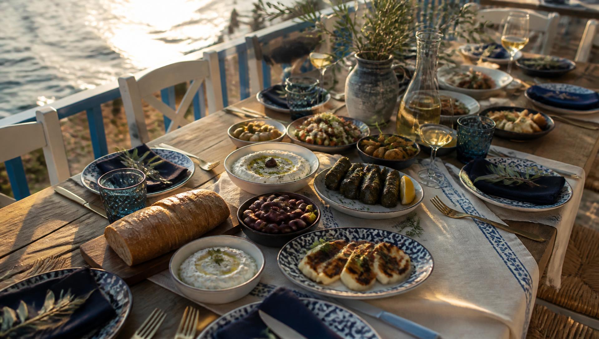 Gedeckte griechische Taverne mit Meze-Tellern zur goldenen Stunde